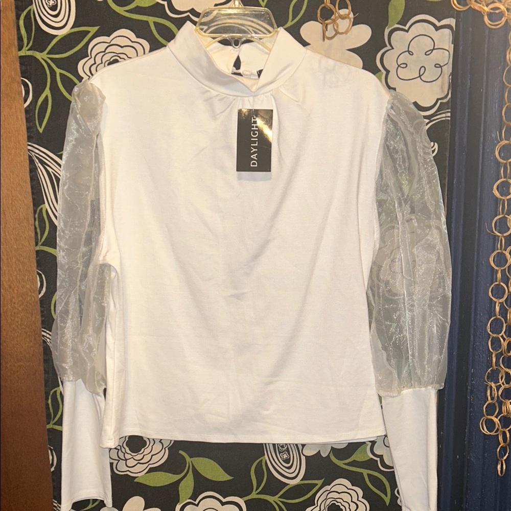 NWTS Daylight Mock Neck Sheer  Mesh Bishop Cuffed Sleeves Top Sz 3X